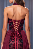 Floral Halter Beaded Burgundy Keyhole Mermaid Long Pageant Dress