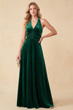 Dark Green Ruched A-Line Halter Velvet Maxi Formal Dress