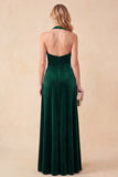 Dark Green Ruched A-Line Halter Velvet Maxi Formal Dress