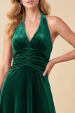 Dark Green Ruched A-Line Halter Velvet Maxi Formal Dress