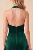 Dark Green Ruched A-Line Halter Velvet Maxi Formal Dress