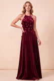 Halter Burgundy Velvet 3D Flower A-Line Maxi Formal Dress with Beading