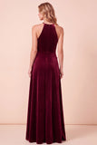 Halter Burgundy Velvet 3D Flower A-Line Maxi Formal Dress with Beading