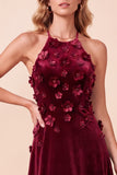 Halter Burgundy Velvet 3D Flower A-Line Maxi Formal Dress with Beading