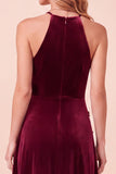 Halter Burgundy Velvet 3D Flower A-Line Maxi Formal Dress with Beading