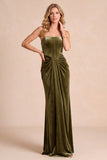 Olive Corset Velvet Strapless Ruched Sheath Maxi Formal Dress