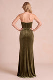 Olive Corset Velvet Strapless Ruched Sheath Maxi Formal Dress