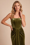 Olive Corset Velvet Strapless Ruched Sheath Maxi Formal Dress
