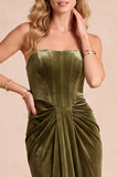 Olive Corset Velvet Strapless Ruched Sheath Maxi Formal Dress