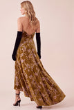 Strapless A Line Floral Mustard Gold High-Low Velvet Dress