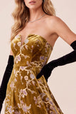 Strapless A Line Floral Mustard Gold High-Low Velvet Dress