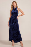 Navy Cowl Neck High Low Sheath Long Velvet Dress with Draping