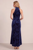 Navy Cowl Neck High Low Sheath Long Velvet Dress with Draping