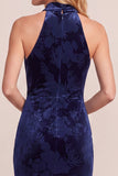 Navy Cowl Neck High Low Sheath Long Velvet Dress with Draping