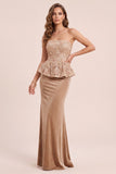 Strapless Khaki Mermaid Velvet Sequin Maxi Formal Dress