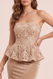 Strapless Khaki Mermaid Velvet Sequin Maxi Formal Dress