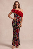 Asymmetrical Neck Velvet Red Mermaid Printed Maxi Formal Dress