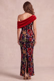 Asymmetrical Neck Velvet Red Mermaid Printed Maxi Formal Dress