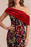 Asymmetrical Neck Velvet Red Mermaid Printed Maxi Formal Dress