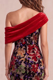 Asymmetrical Neck Velvet Red Mermaid Printed Maxi Formal Dress