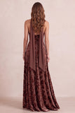 Floral Halter Chocolates A-Line Velvet Maxi Formal Dress with Chiffon Sash