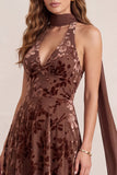 Floral Halter Chocolates A-Line Velvet Maxi Formal Dress with Chiffon Sash