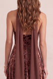 Floral Halter Chocolates A-Line Velvet Maxi Formal Dress with Chiffon Sash