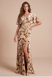Corset Velvet V-Neck Floral Champagne Maxi Formal Dress with Side Slit