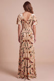 Corset Velvet V-Neck Floral Champagne Maxi Formal Dress with Side Slit