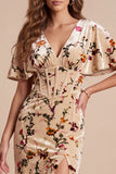 Corset Velvet V-Neck Floral Champagne Maxi Formal Dress with Side Slit