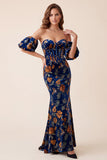 Corset Strapless Dark Blue Velvet Mermaid Formal Dress with Detachable Puff Sleeves