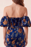 Corset Strapless Dark Blue Velvet Mermaid Formal Dress with Detachable Puff Sleeves