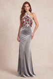 Halter Floral Grey Mermaid Velvet Sequins Long Formal Dress
