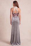 Halter Floral Grey Mermaid Velvet Sequins Long Formal Dress