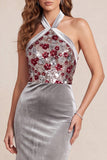 Halter Floral Grey Mermaid Velvet Sequins Long Formal Dress