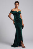 Off the Shoulder Dark Green Velvet Beaded Long Mother of the Bride Dress