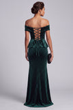 Off the Shoulder Dark Green Velvet Beaded Long Mother of the Bride Dress