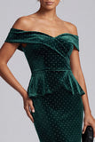 Off the Shoulder Dark Green Velvet Beaded Long Mother of the Bride Dress