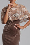Round Neck Velvet Chocolates Sheath Sequin Mother of the Bride Dress with Cape
