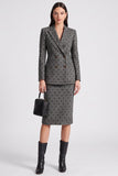 Peak Lapel Black Dot 2-piece Grey Tweed Midi Work Dress