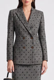 Peak Lapel Black Dot 2-piece Grey Tweed Midi Work Dress