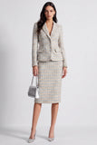 Notched Lapel 2-piece Tweed Grey Blue Midi Work Dress