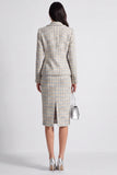 Notched Lapel 2-piece Tweed Grey Blue Midi Work Dress