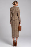 Notched Lapel Brown 2-piece Tweed Midi Work Dress
