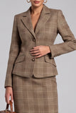 Notched Lapel Brown 2-piece Tweed Midi Work Dress