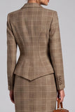 Notched Lapel Brown 2-piece Tweed Midi Work Dress