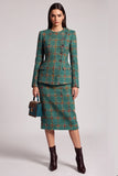 2-piece Tweed Round Neck Green Midi Work Dress