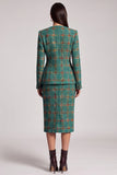 2-piece Tweed Round Neck Green Midi Work Dress
