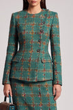 2-piece Tweed Round Neck Green Midi Work Dress