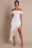 Off The Shoulder Lace White Sheath High-Low Engagement Dress